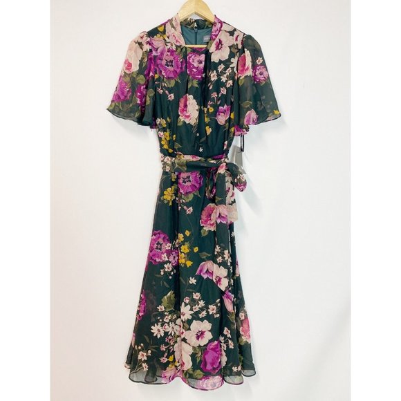 DONNA RICCO Floral Flutter Sleeve Tie Waist Midi Twist Neck Midi Dress Green 8 - Picture 1 of 5